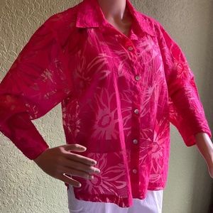 Chico's Women's Top Red Button Down Silk Floral Print Sheer 3/4 sleeves